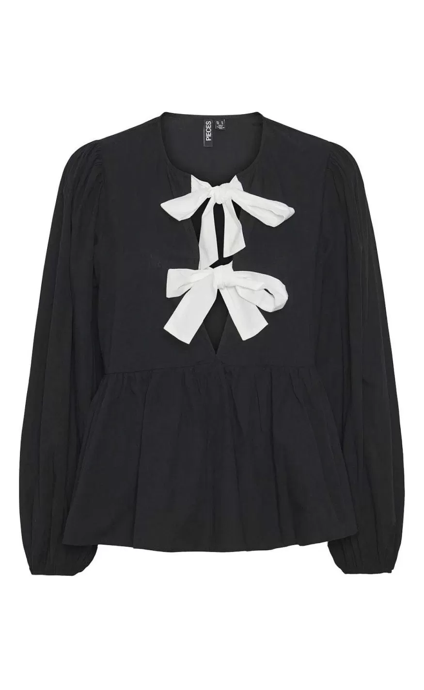 PIECES Bluse - Golly Bow - Black White Bows Cheap