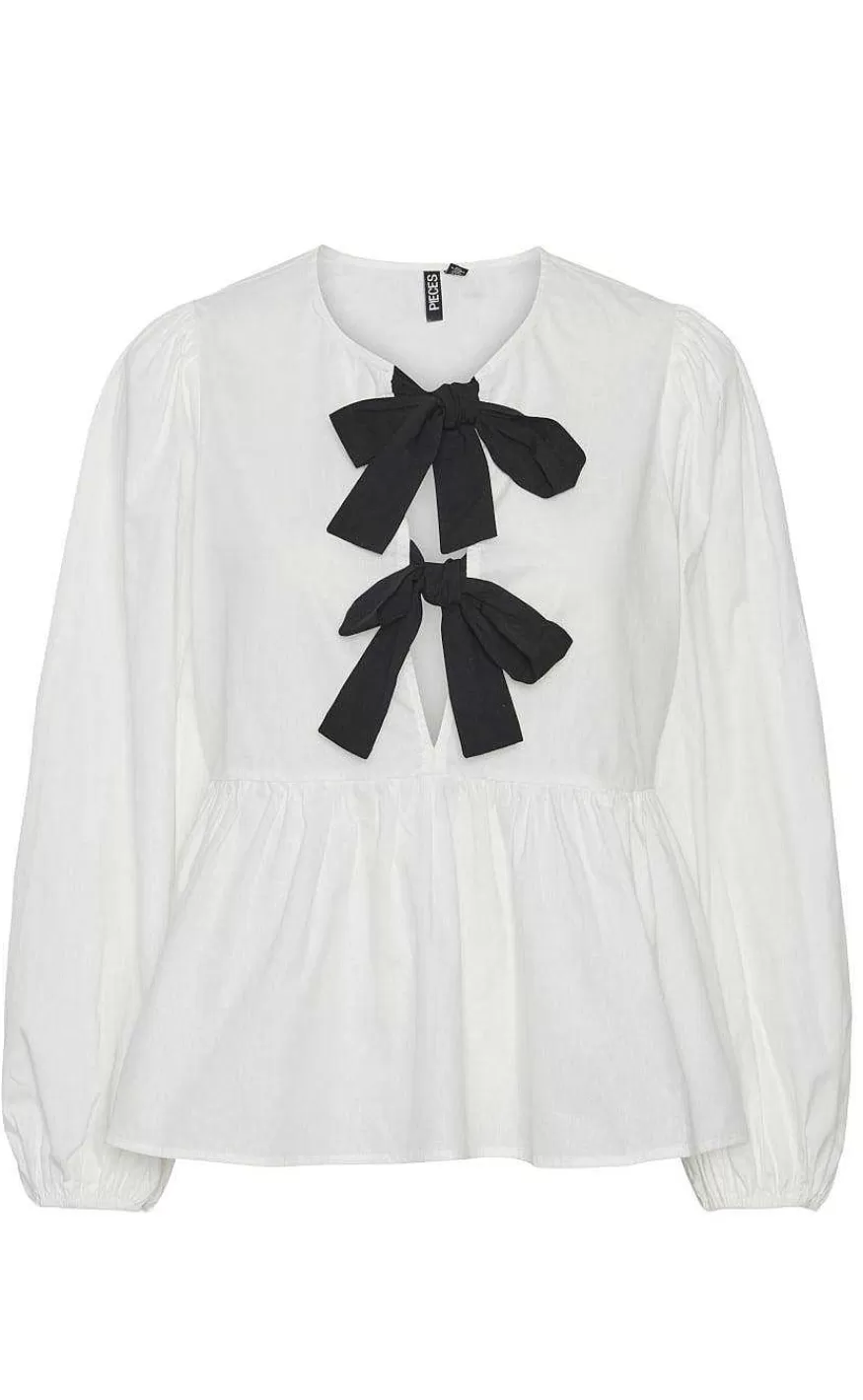 PIECES Bluse - Golly Bow - Bright White Black Bows Discount